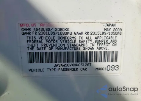 2008 Mitsubishi Lancer Evolution Mr из США, поврежденный, VIN JA3AW56VX8U051267